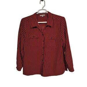 NY Collection red w/ black stripes button front long sleeve shirt woman size XL
